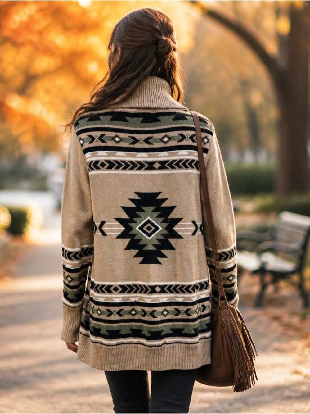 Lira CRTV SCTY Aztec Southwestern Boho Beige Sage Open Cardigan Sweater Small